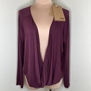 POL Top Medium Womens Maroon Plunge Faux Wrap Drape Jersey Knit Minimalist Chic